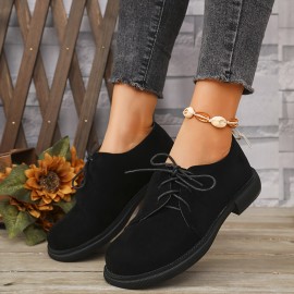 Sapatos Oxford preto para mulher - Design Venus, biqueira redonda, atacadores com sola de borracha, conforto para todas as estações, calçado casual|Moda com atacadores|Ajuste confortável