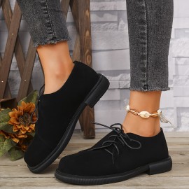 Sapatos Oxford preto para mulher - Design Venus, biqueira redonda, atacadores com sola de borracha, conforto para todas as estações, calçado casual|Moda com atacadores|Ajuste confortável