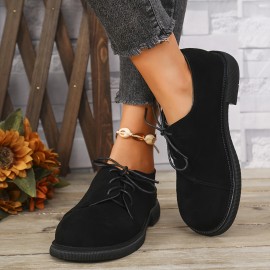 Sapatos Oxford preto para mulher - Design Venus, biqueira redonda, atacadores com sola de borracha, conforto para todas as estações, calçado casual|Moda com atacadores|Ajuste confortável