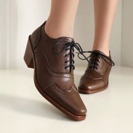 Mulheres Sapatos Mary Jane Vintage com Cadarço e Salto Bloco - Detalhe Brogue Quadrado, Cabedal Sintético PU & Sol de Borracha, Oxford para Uso Casual e Formal, Calçados Clássicos e Duráveis, Design Elegante para o Dia a Dia, Qualidade em Artesanato, Idea