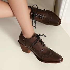 Mulheres Sapatos Mary Jane Vintage com Cadarço e Salto Bloco - Detalhe Brogue Quadrado, Cabedal Sintético PU & Sol de Borracha, Oxford para Uso Casual e Formal, Calçados Clássicos e Duráveis, Design Elegante para o Dia a Dia, Qualidade em Artesanato, Idea