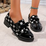 Loafers Pretos de Alta Qualidade com Decoração de Laço e Lantejoulas, Salto Baixo Confortável Adequado para Diversas Ocasiões