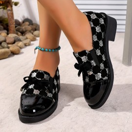 Loafers Pretos de Alta Qualidade com Decoração de Laço e Lantejoulas, Salto Baixo Confortável Adequado para Diversas Ocasiões