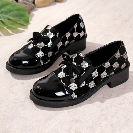 Loafers Pretos de Alta Qualidade com Decoração de Laço e Lantejoulas, Salto Baixo Confortável Adequado para Diversas Ocasiões