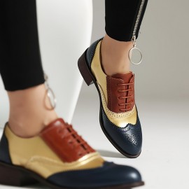 Mulheres - Sapatilhas Oxford Vintage com Cadarço e Detalhes de Brogue, Bico Fino em PU, Sol Confortável para Uso Casual ou Formal, Pretas e Brancas, Calçados Duráveis e Respiráveis, Sapatos Versáteis, Design Clássico, Ideal para Compradores Fashion