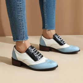 Mulheres - Sapatilhas Oxford Vintage com Cadarço e Detalhes de Brogue, Bico Fino em PU, Sol Confortável para Uso Casual ou Formal, Pretas e Brancas, Calçados Duráveis e Respiráveis, Sapatos Versáteis, Design Clássico, Ideal para Compradores Fashion