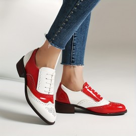 Mulheres - Sapatilhas Oxford Vintage com Cadarço e Detalhes de Brogue, Bico Fino em PU, Sol Confortável para Uso Casual ou Formal, Pretas e Brancas, Calçados Duráveis e Respiráveis, Sapatos Versáteis, Design Clássico, Ideal para Compradores Fashion