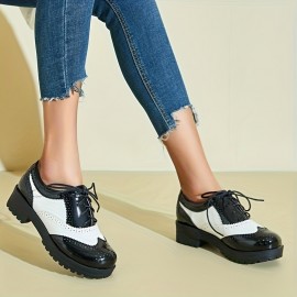 Sapatos Oxford de salto grosso com amarração de renda para mulheres, plataforma vintage e bico redondo estilo brogue