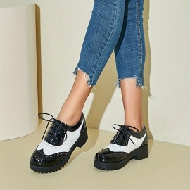 Sapatos Oxford de salto grosso com amarração de renda para mulheres, plataforma vintage e bico redondo estilo brogue