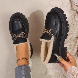 Botas Oxford Femininas com Detalhes em Corrente - Forro de Pelúcia Acolchoado, Solado Antichoque e Acabamento Preto Dourado para Conforto no Inverno