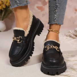 Botas Oxford Femininas com Detalhes em Corrente - Forro de Pelúcia Acolchoado, Solado Antichoque e Acabamento Preto Dourado para Conforto no Inverno