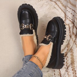 Botas Oxford Femininas com Detalhes em Corrente - Forro de Pelúcia Acolchoado, Solado Antichoque e Acabamento Preto Dourado para Conforto no Inverno