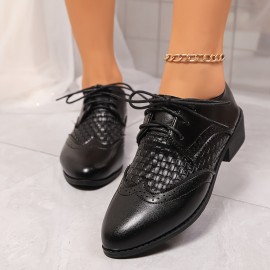 Sapatos Oxford de estilo vintage para mulheres - Ponta fina, atacadores, conforto para todas as estações, sola de borracha, palmilha de tecido, materiais sintéticos para a parte superior e interna, design elegante preto com detalhes dourados, calçado casu