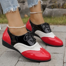 Botas Casuais Femininas Oxford - Vermelho e Preto com Detalhes Perfurados Brancos, Cabedal Sintético e Solado TPR, Amarrar Estilo Clássico para Uso Versátil em Todas as Estações, Solado Durável, Confortáveis para Caminhada, Calçado Moderno, Construção Lev