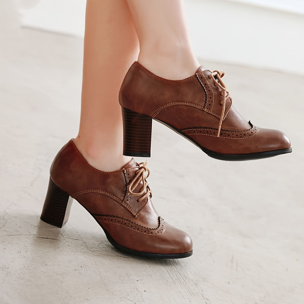 Sapatos de salto alto robusto para mulheres com bico redondo, amarração, estilo oxford wingtip, salto bloco empilhado, brogues vintage e bombas