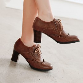 Sapatos de salto alto robusto para mulheres com bico redondo, amarração, estilo oxford wingtip, salto bloco empilhado, brogues vintage e bombas