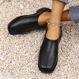 Loafers Pretos Femininos com Capa Falsa - Sapatos Confortáveis de Calçar sem Cadarço com Bico Redondo e Faixa Elástica, Versáteis para Todas as Estações