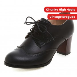 Sapatos Oxford vintage com salto alto grosso para mulheres, bico redondo, com detalhes de asa e amarração