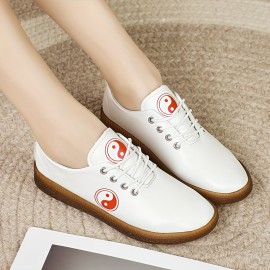 Sandálias Femininas Brancas de Tai Chi com Sola Macia Antiderrapante e Durável - Design Yin-Yang, Bico Redondo e Fechamento em Cadarço Confortável para Uso Diário | Estampa Yin-Yang | Sapatos Fofos e Confortáveis