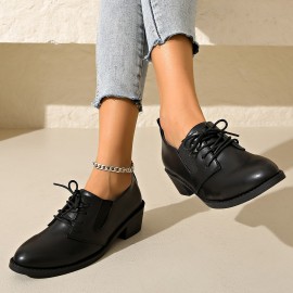 Mulheres Sapatos Oxford Pretos com Detalhes de Zíper Lateral e Bico Redondo - Calçados Casuais com Salto Grosso, Sola em PU Durável para Primavera, Confortáveis para Looks Informais