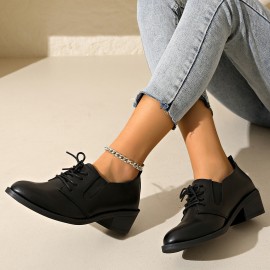 Mulheres Sapatos Oxford Pretos com Detalhes de Zíper Lateral e Bico Redondo - Calçados Casuais com Salto Grosso, Sola em PU Durável para Primavera, Confortáveis para Looks Informais