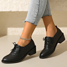 Mulheres Sapatos Oxford Pretos com Detalhes de Zíper Lateral e Bico Redondo - Calçados Casuais com Salto Grosso, Sola em PU Durável para Primavera, Confortáveis para Looks Informais