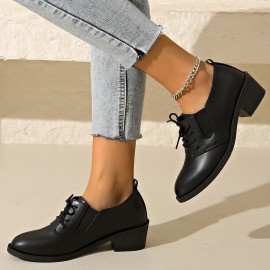 Mulheres Sapatos Oxford Pretos com Detalhes de Zíper Lateral e Bico Redondo - Calçados Casuais com Salto Grosso, Sola em PU Durável para Primavera, Confortáveis para Looks Informais