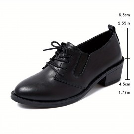 Mulheres Sapatos Oxford Pretos com Detalhes de Zíper Lateral e Bico Redondo - Calçados Casuais com Salto Grosso, Sola em PU Durável para Primavera, Confortáveis para Looks Informais