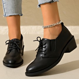 Mulheres Sapatos Oxford Pretos com Detalhes de Zíper Lateral e Bico Redondo - Calçados Casuais com Salto Grosso, Sola em PU Durável para Primavera, Confortáveis para Looks Informais
