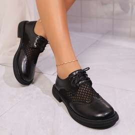 Botas de Oxford Pretas Femininas - Vênus com Bico Redondo e Parte Superior em Malha & Sola de Borracha, Sapatos Casuais Respiráveis para Todas as Estações para Trabalho e Vestuário Casual, Calçado Versátil
