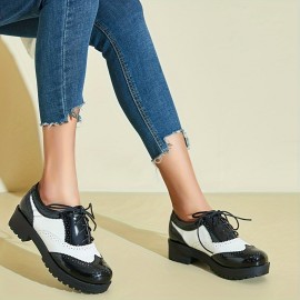 Sapatos Oxford Femininos Inspirados em Vintage com Cadarço e Salto Grosso - Respiráveis, Bombas Brogue para Negócios e Uso Casual