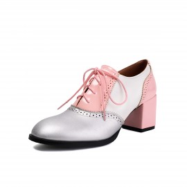 Botas de Salto Bloco Colorblock Femininas com Detalhes Entalhados, Cadarço e Bico Redondo - Sapatos Vintage Confortáveis para Vestir