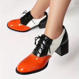 Botas de Salto Bloco Colorblock Femininas com Detalhes Entalhados, Cadarço e Bico Redondo - Sapatos Vintage Confortáveis para Vestir