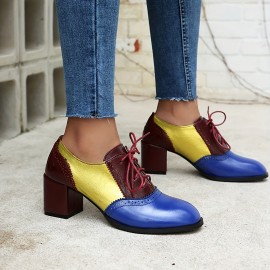 Botas de Salto Bloco Colorblock Femininas com Detalhes Entalhados, Cadarço e Bico Redondo - Sapatos Vintage Confortáveis para Vestir