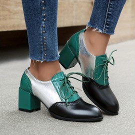 Botas de Salto Bloco Colorblock Femininas com Detalhes Entalhados, Cadarço e Bico Redondo - Sapatos Vintage Confortáveis para Vestir