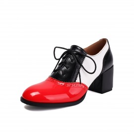 Botas de Salto Bloco Colorblock Femininas com Detalhes Entalhados, Cadarço e Bico Redondo - Sapatos Vintage Confortáveis para Vestir