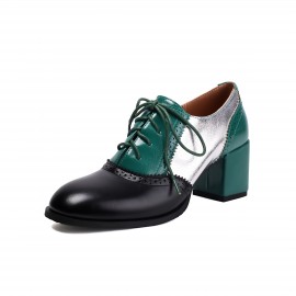 Botas de Salto Bloco Colorblock Femininas com Detalhes Entalhados, Cadarço e Bico Redondo - Sapatos Vintage Confortáveis para Vestir