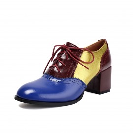 Botas de Salto Bloco Colorblock Femininas com Detalhes Entalhados, Cadarço e Bico Redondo - Sapatos Vintage Confortáveis para Vestir