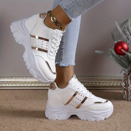 Tenis Casual Feminino com Aumento de Altura - Detalhes em Branco e Dourado, Cabedal Sintético, Solado PVC Amortecido, Confortável para Todas as Estações, Calçados Leves para Caminhadas e Trabalhos, Sapatos Elegantes, Duráveis e de Alta Qualidade, Ideal pa
