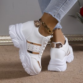 Tenis Casual Feminino com Aumento de Altura - Detalhes em Branco e Dourado, Cabedal Sintético, Solado PVC Amortecido, Confortável para Todas as Estações, Calçados Leves para Caminhadas e Trabalhos, Sapatos Elegantes, Duráveis e de Alta Qualidade, Ideal pa