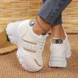 Tenis Casual Feminino com Aumento de Altura - Detalhes em Branco e Dourado, Cabedal Sintético, Solado PVC Amortecido, Confortável para Todas as Estações, Calçados Leves para Caminhadas e Trabalhos, Sapatos Elegantes, Duráveis e de Alta Qualidade, Ideal pa