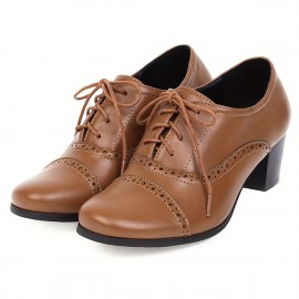 Sapatos de senhora com biqueira perfurada, atacadores de renda, salto médio, estilo vintage, salto bloco, sapatos de trabalho, vestidos