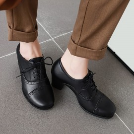 Sapatos de senhora com biqueira perfurada, atacadores de renda, salto médio, estilo vintage, salto bloco, sapatos de trabalho, vestidos