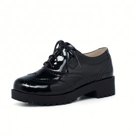 Botas Oxford de Salto Grosso com Cadarço e Bico Redondo - Preto e Branco Contrastante, Sola Sintética e de Borracha, Sapatos Casuais Confortáveis para Escritório, Casamentos, Uso Diário, Calçado Versátil, Brogue Clássico, Solas Resistentes, Profissionais 
