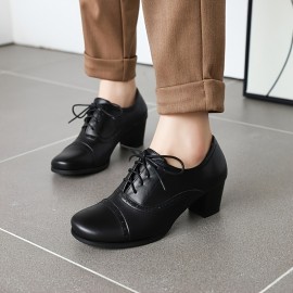 Sapatos de mulher com atacadores grossos, estilo vintage, salto médio, biqueira redonda, retro, em tecido de renda