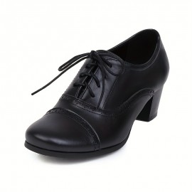 Sapatos de mulher com atacadores grossos, estilo vintage, salto médio, biqueira redonda, retro, em tecido de renda