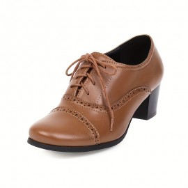 Sapatos de mulher com atacadores grossos, estilo vintage, salto médio, biqueira redonda, retro, em tecido de renda