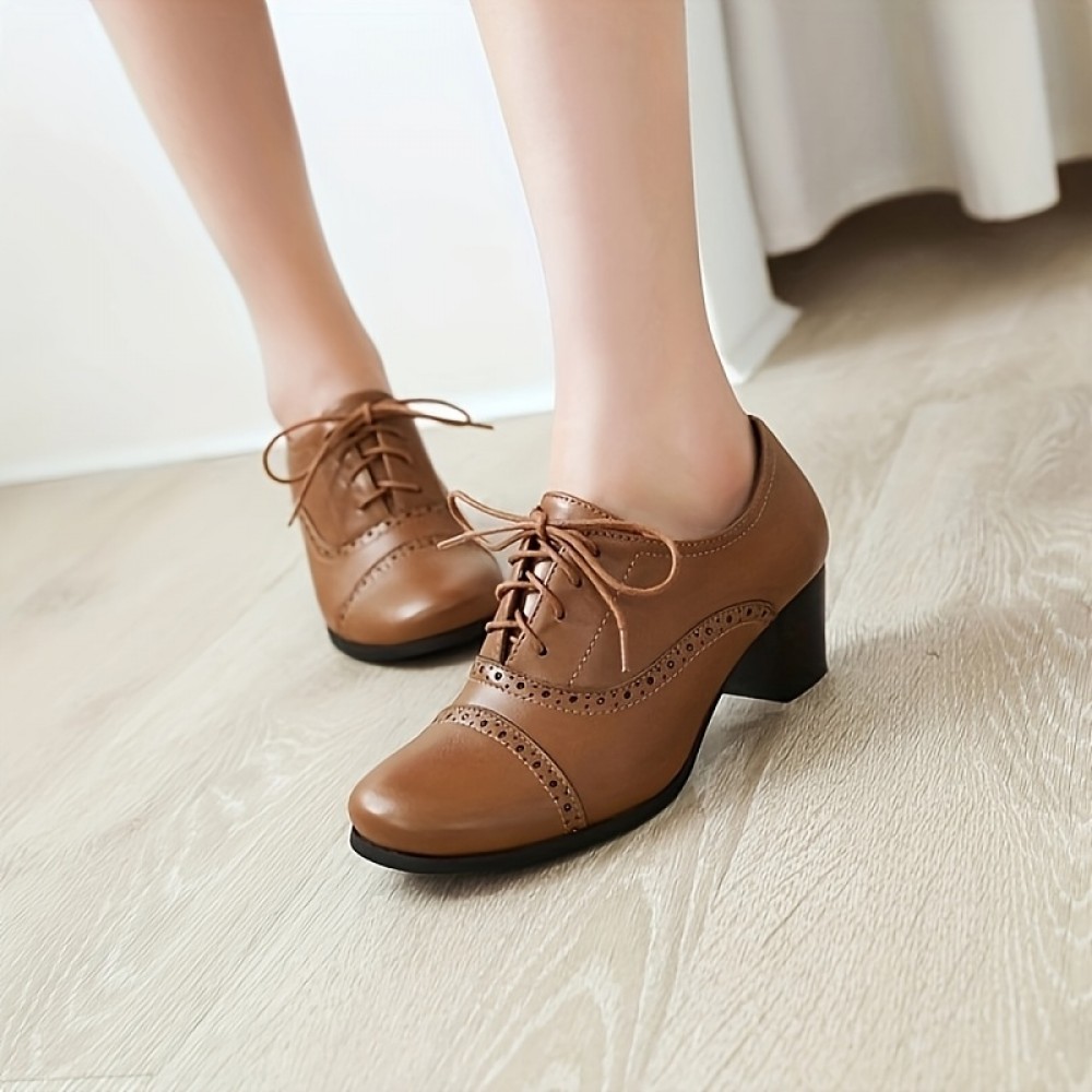 Sapatos de Salto Bloco Redondo de Ponto de Mulheres Brogue Retro com Cadarço de Veludo Vintage Oxfords Salto Alto