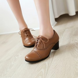 Sapatos de Salto Bloco Redondo de Ponto de Mulheres Brogue Retro com Cadarço de Veludo Vintage Oxfords Salto Alto