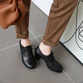 Sapatos de Salto Bloco Redondo de Ponto de Mulheres Brogue Retro com Cadarço de Veludo Vintage Oxfords Salto Alto